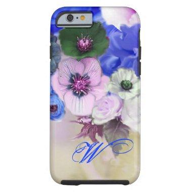 BLUE WHITE ROSES AND ANEMONE FLOWERS MONOGRAM TOUGH iPhone 6 CASE