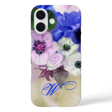 BLUE WHITE ROSES AND ANEMONE FLOWERS MONOGRAM iPhone 16 CASE
