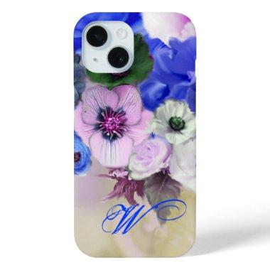 BLUE WHITE ROSES AND ANEMONE FLOWERS MONOGRAM iPhone 15 CASE
