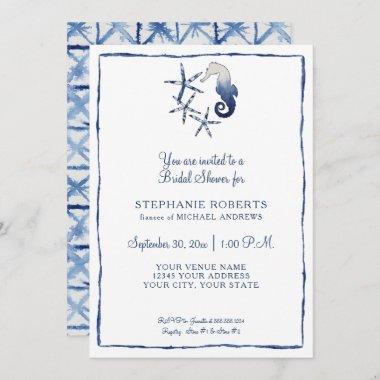 Blue White Shibori Seahorse Starfish Beach Bridal Invitations