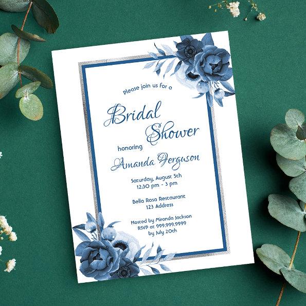 Blue white silver floral bridal shower invitation postInvitations