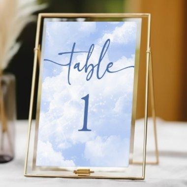Blue White Sparkle Clouds Wedding Table Number