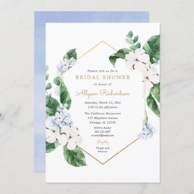 Blue white spring florals gold frame bridal shower Invitations