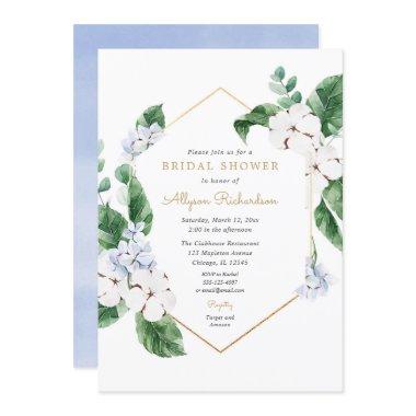 Blue white spring florals gold frame bridal shower Invitations