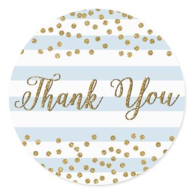 Blue White Stripe Gold Confetti Party Thank You Classic Round Sticker