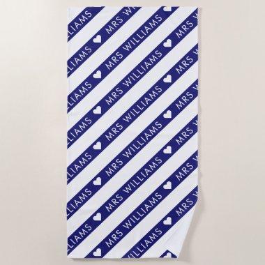 Blue & White Striped Pattern Mrs Bride Wedding Beach Towel