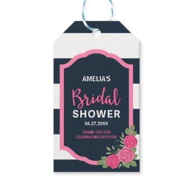 Blue White Stripes Pink Roses Bridal Shower Gift Tags