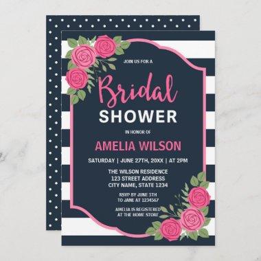 Blue White Stripes Pink Roses Bridal Shower Invitations