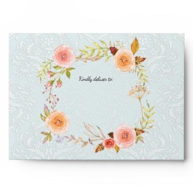 Blue White Watercolor Floral Wreath  Envelope
