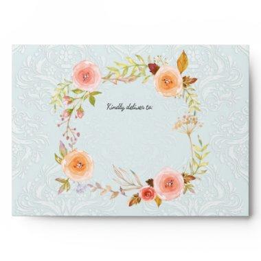 Blue White Watercolor Floral Wreath Bridal Shower Envelope