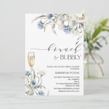 Blue White Wildflowers Brunch Bubbly Bridal Shower Invitations