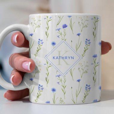 Blue Wild Flower Pattern Monogram Coffee Mug