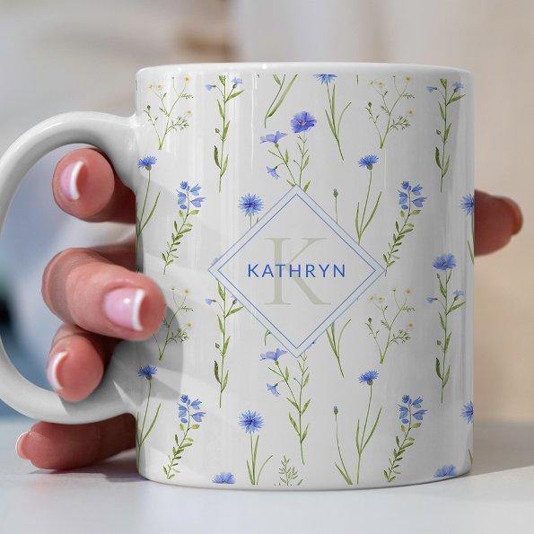 Blue Wild Flower Pattern Monogram Coffee Mug