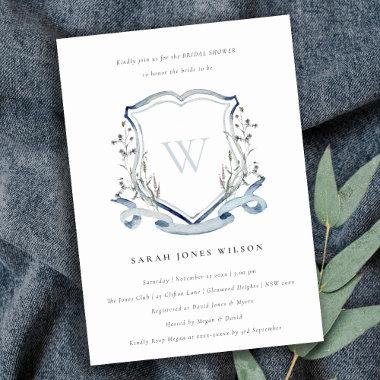 Blue Wildflower Monogram Crest Bridal Shower Invitations