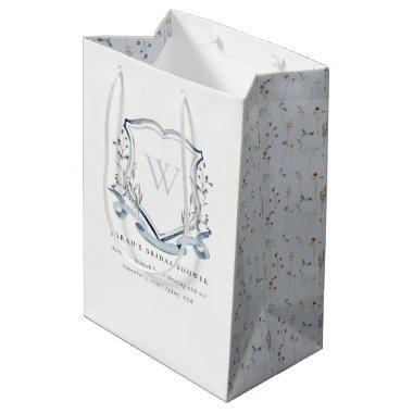 Blue Wildflower Monogram Crest Bridal Shower Medium Gift Bag