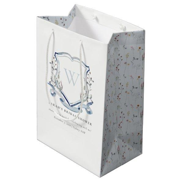 Blue Wildflower Monogram Crest  Medium Gift Bag