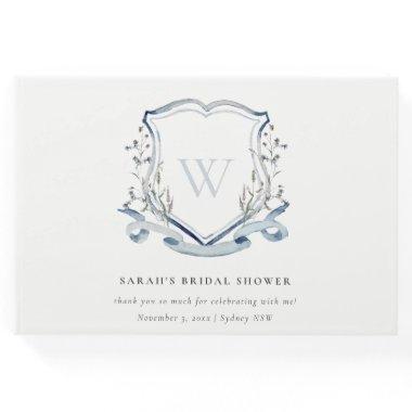 Blue Wildflower Watercolor Crest Bridal Shower Guest Book