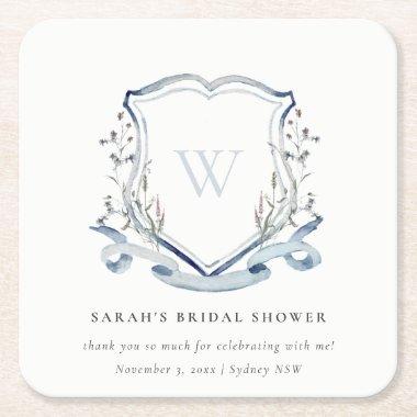Blue Wildflower Watercolor Crest Bridal Shower Nap Square Paper Coaster