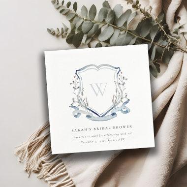 Blue Wildflower Watercolor Crest Bridal Shower Napkins
