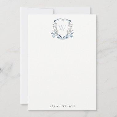 Blue Wildflower Watercolor Crest Bridal Shower Note Invitations