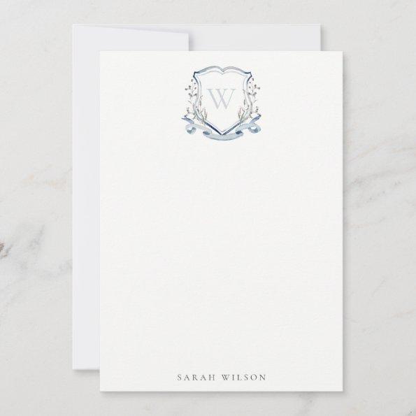 Blue Wildflower Watercolor Crest Bridal Shower Note Invitations