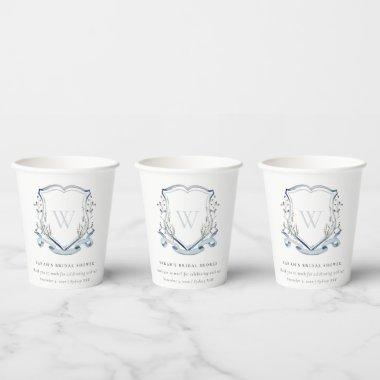 Blue Wildflower Watercolor Crest Bridal Shower Paper Cups