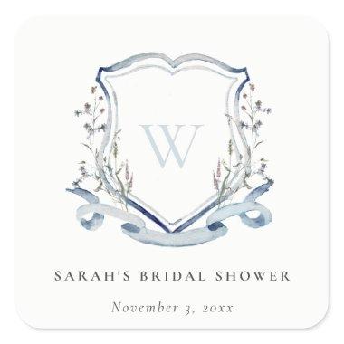 Blue Wildflower Watercolor Crest Bridal Shower Square Sticker