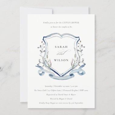 Blue Wildflower Watercolor Crest Couples Shower Invitations