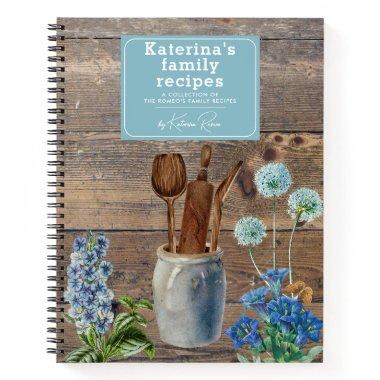 Blue Wildflowers Wood Kitchen Utensils Recipe Notebook