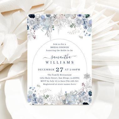 Blue Winter Flower Watercolor Arch Bridal Shower Invitations