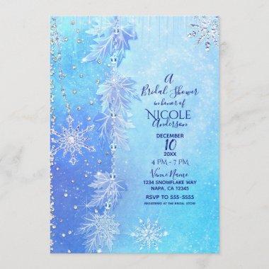 Blue Winter Leaves & Snowflakes Bridal Shower Invitations