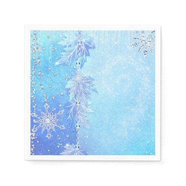 Blue Winter Leaves & Snowflakes Elegant Party Napkins