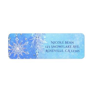 Blue Winter Leaves & Snowflakes Party Invitations Label