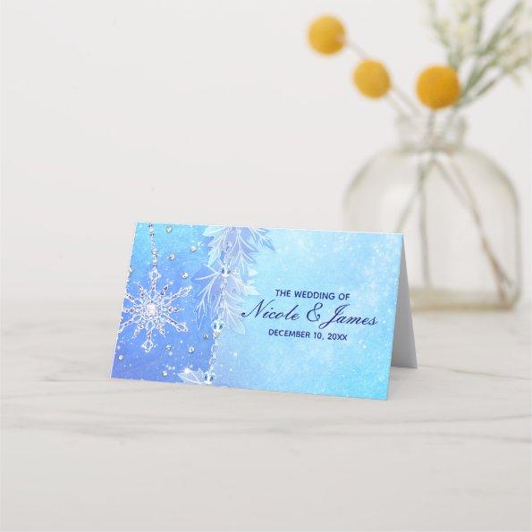 Blue Winter Leaves & Snowflakes Wedding Table Seat Place