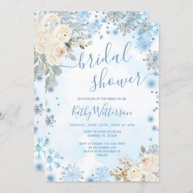 Blue Winter Snowflake Floral Bridal Shower Invitations