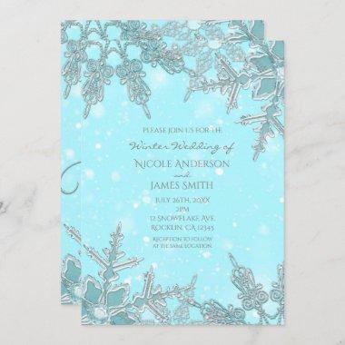 Blue Winter Wonderland Elegant Snowflakes Wedding Invitations