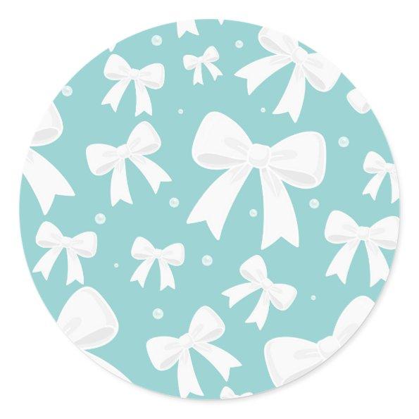 Blue With Pearls White Bows Coquette  Classic Round Sticker