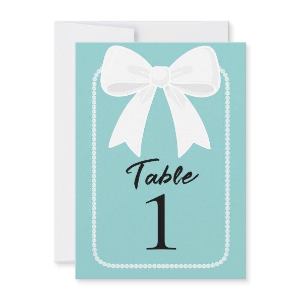 Blue With Pearls White Bows Coquette Table Number