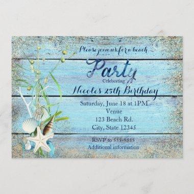 Blue Wood Beach Tropical Birthday Party Invitations