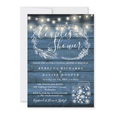 Blue Wood Mason Jars String Lights Couples Shower Invitations