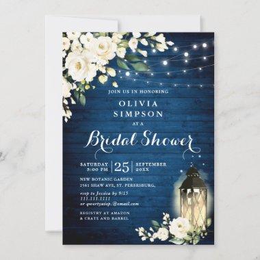 Blue Wood White Roses Lantern Bridal Shower Invitations