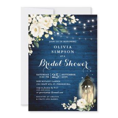 Blue Wood White Roses Lantern Bridal Shower Invitations