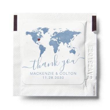 Blue World Map 2 Hearts Destination Travel Themed Hand Sanitizer Packet