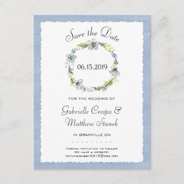 Blue Wreath Elegance Wedding Save the Date Announcement PostInvitations
