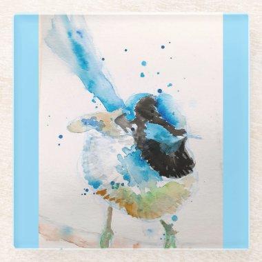 Blue Wren Wrens Watercolour Baby Blue Australian Glass Coaster