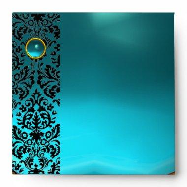 BLUE YELLOW BLACK DAMASK Aquamarine , Gold Envelope