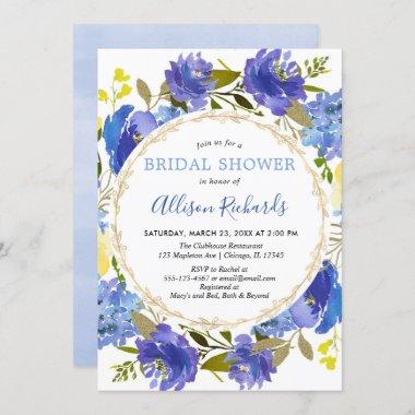 Blue yellow gold elegant floral bridal shower Invitations