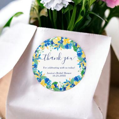 Blue yellow lemons floral watercolor  classic round sticker