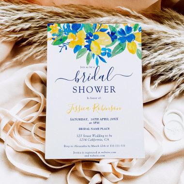 Blue yellow lemons floral watercolor bridal shower Invitations