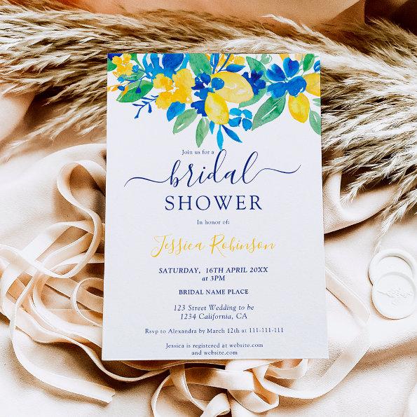 Blue yellow lemons floral watercolor bridal shower Invitations
